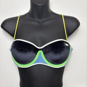 TRIANGL Milly Velvet Neoprene Bikini Top, Blue Black Neon Trim, Size S